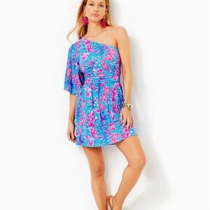 NWOT LILLY PULITZER SIZE 12 NIKI ONE-SHOULDER ROMPER *ORCHID OASIS* CUMULUS BLUE